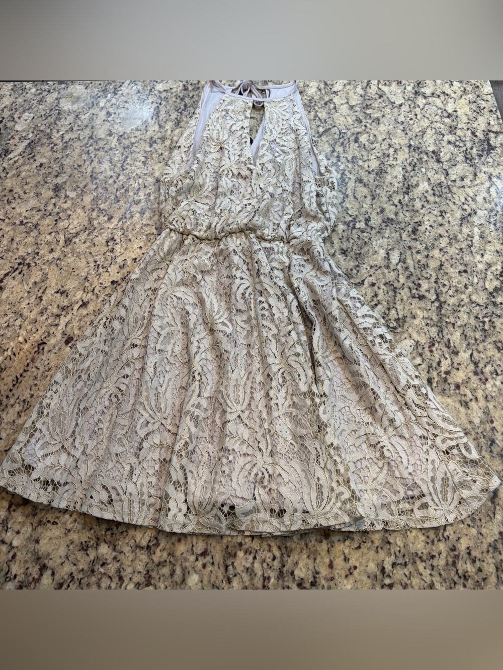 Lace Halter Mini Dress in Light Lavender with Gold Accent Threading